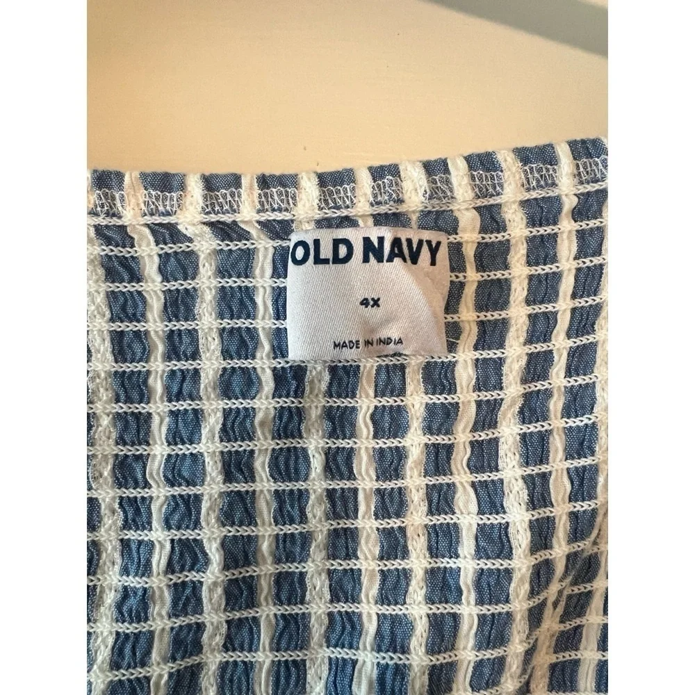 Old Navy Blue White Stripe True Wrap Top Blouse 4X Puff Sleeve Plus EUC 4X #1018